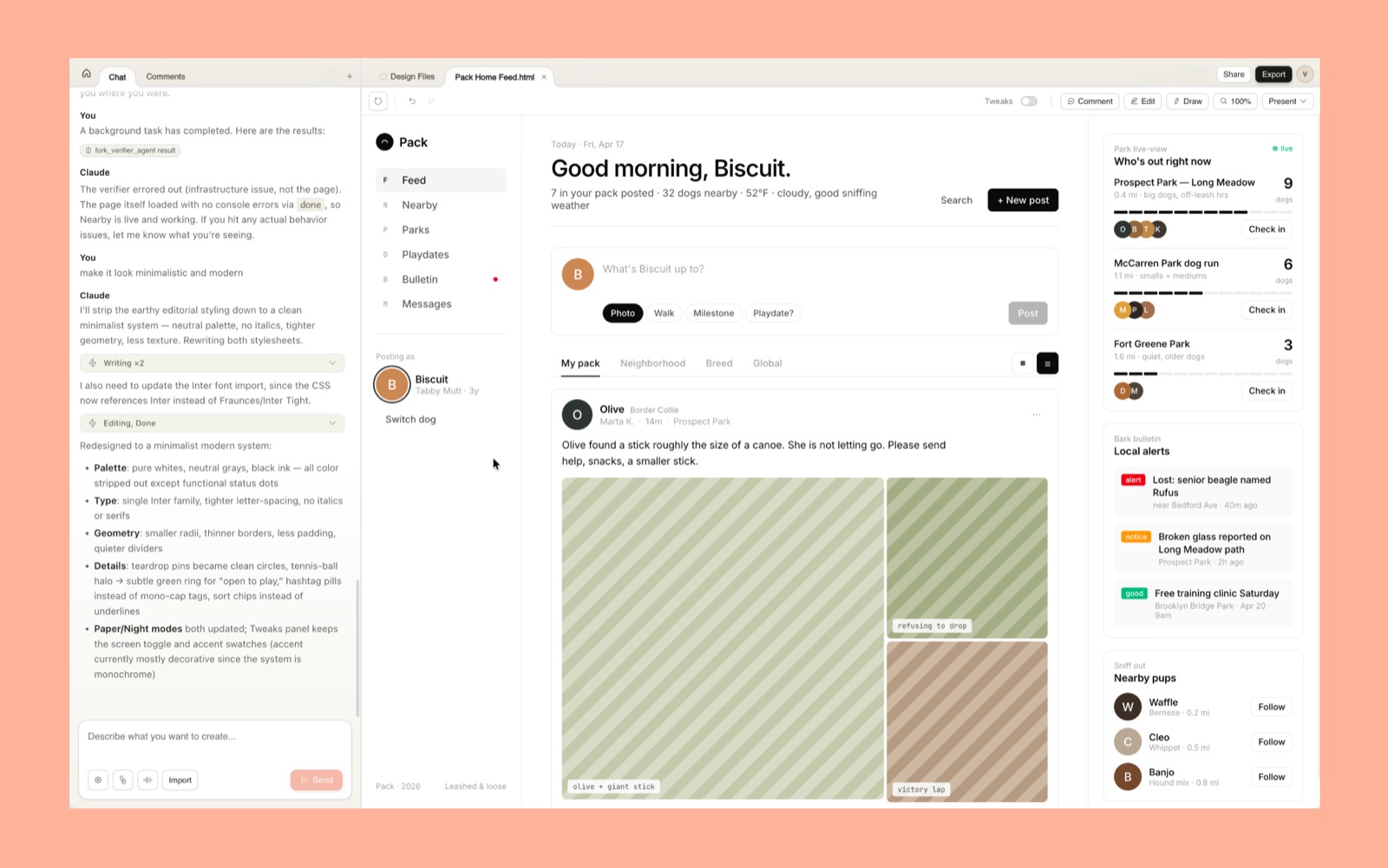 A refinement session in Claude Design: the chat lists palette, type and geometry decisions while a light community-app prototype updates on the canvas