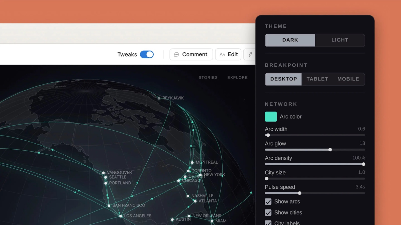 The Tweaks panel open over a world-map prototype, with live sliders for arc width, arc glow, arc density, city size and pulse speed, plus theme and breakpoint toggles