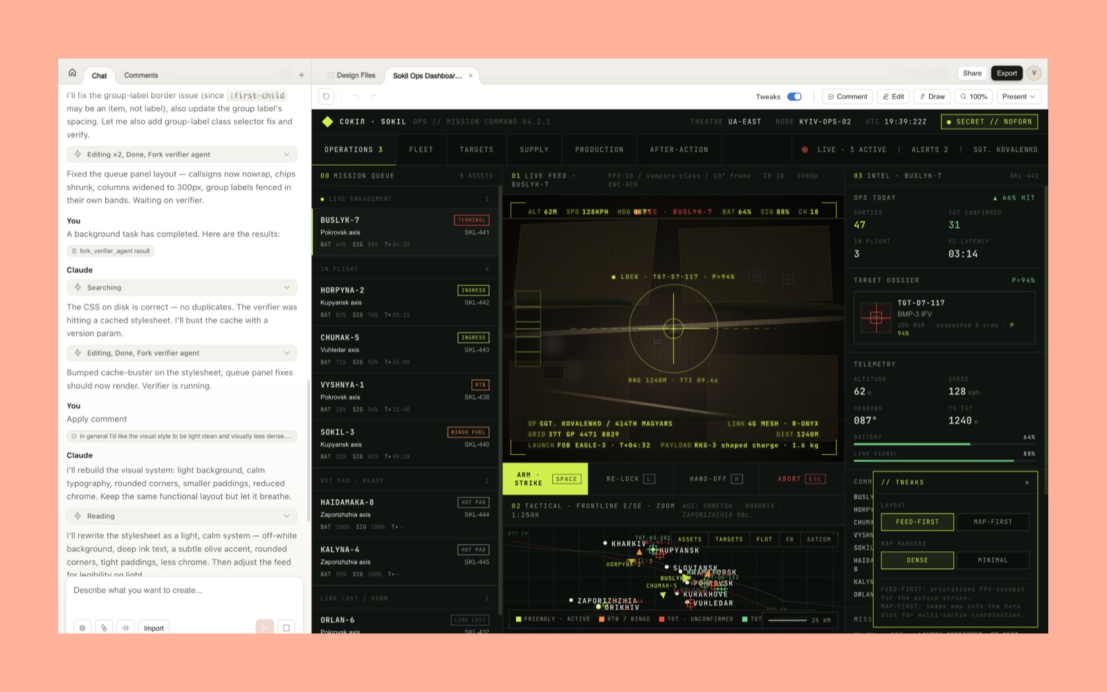 The Claude Design workspace: a chat conversation panel on the left and a dark tactical dashboard prototype rendered live on the canvas to the right